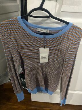 Zara Blue & Camel Patterned Knit Sweater